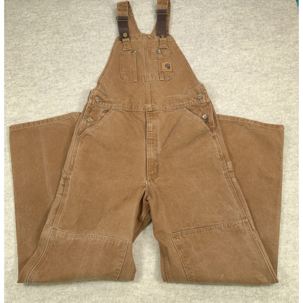 Carhartt Overalls Mens 34x34 Tan Brown Double Knee Duck Canvas Work Wear R06 BRN